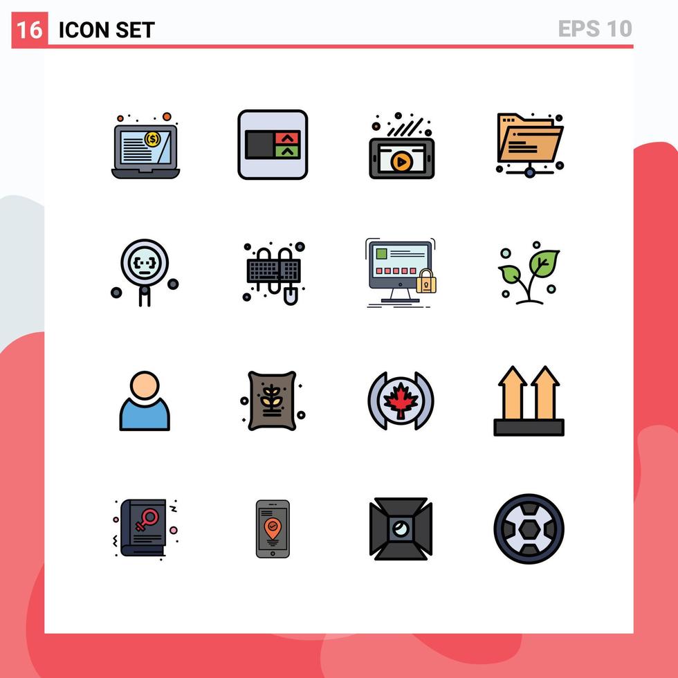 Modern Set of 16 Flat Color Filled Lines Pictograph of programming develop video coding network Editable Creative Vector Design Elements