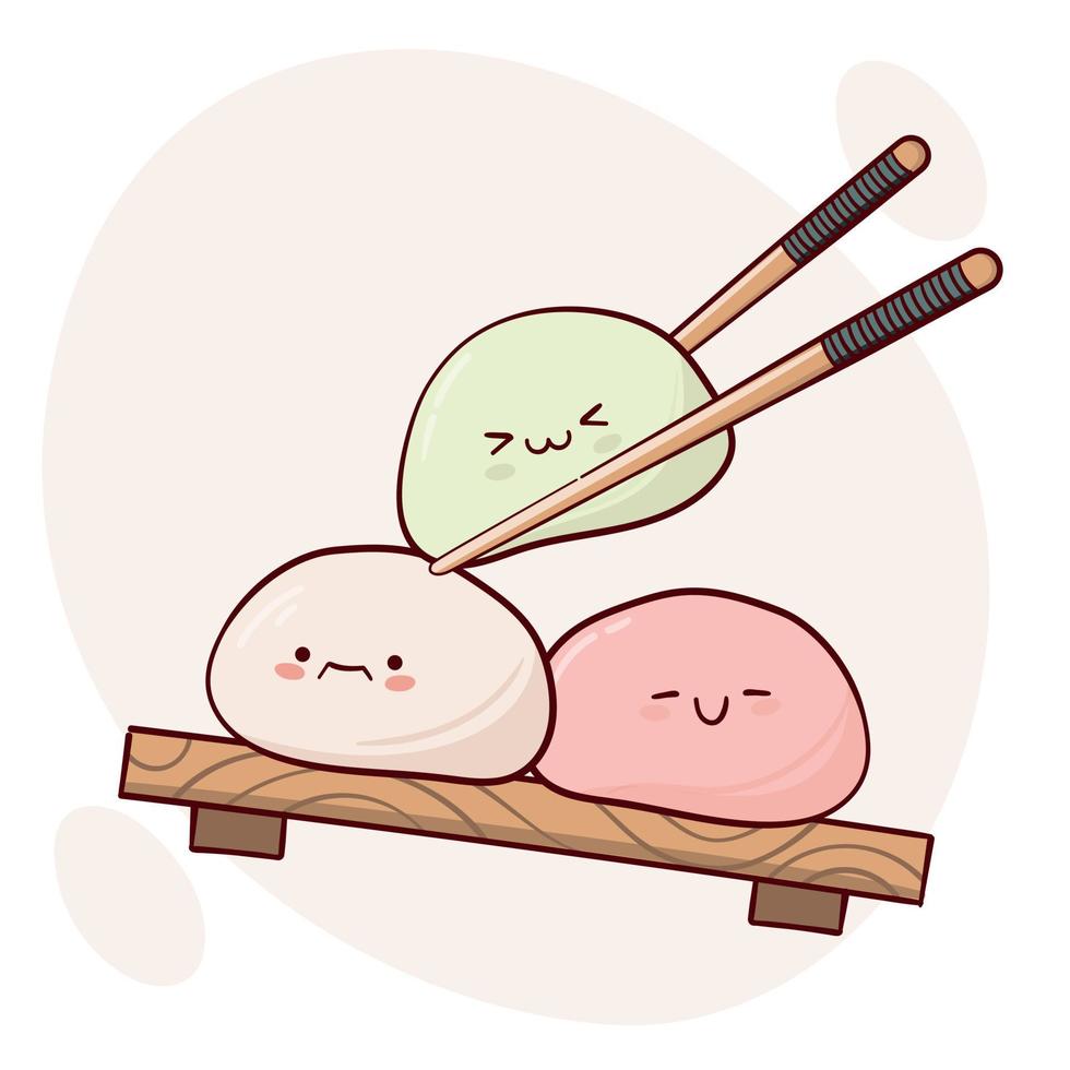 Dibuja la divertida tradición japonesa kawaii dulce mochi ilustración vectorial. comida tradicional asiática japonesa, cocina, concepto de menú. estilo de dibujos animados de fideos. vector