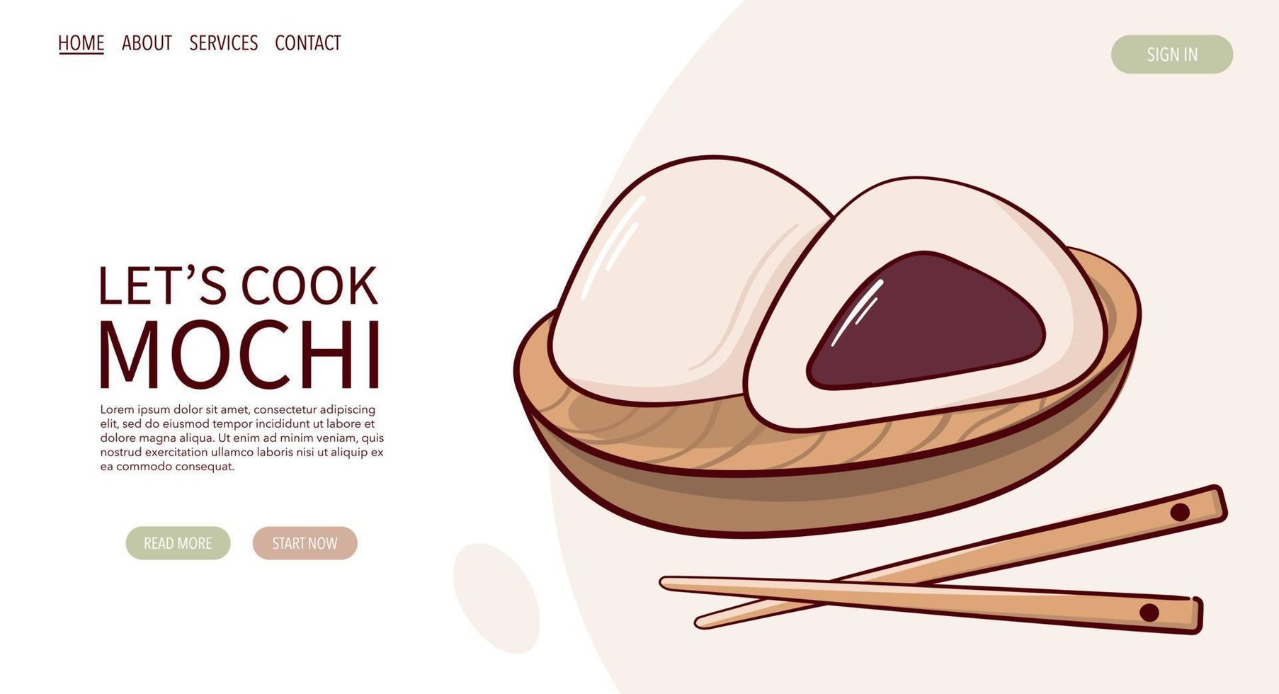 página web dibujar fjapan tradición dulce mochi vector ilustración. comida tradicional asiática japonesa, cocina, concepto de menú. banner, sitio web, publicidad en estilo de dibujos animados de garabatos.