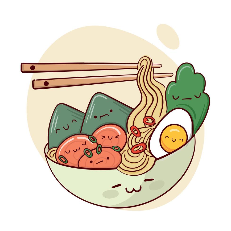 dibujar sopa de ramen kawaii divertida en una ilustración de vector de tazón. comida tradicional asiática japonesa, cocina, concepto de menú. estilo de dibujos animados de fideos.