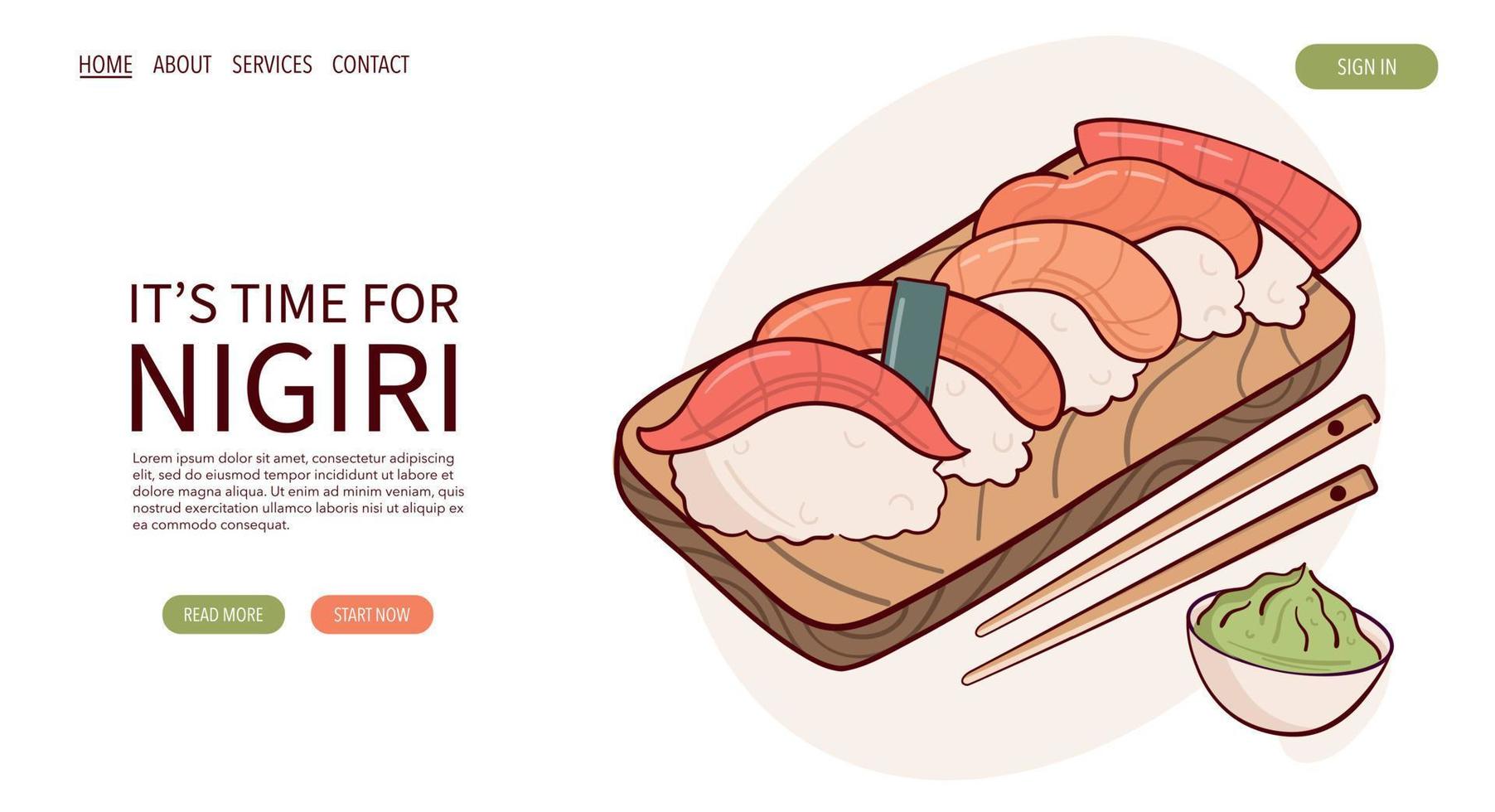 página web dibujar nigiri sushi roll ilustración vectorial. comida tradicional asiática japonesa, cocina, concepto de menú. banner, sitio web, publicidad en estilo de dibujos animados de garabatos.. vector