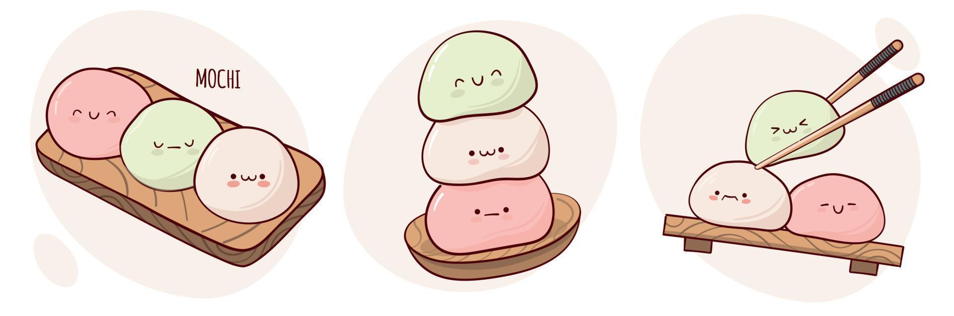 Dibuja la divertida tradición japonesa kawaii dulce mochi ilustración vectorial. comida tradicional asiática japonesa, cocina, concepto de menú. estilo de dibujos animados de fideos. vector