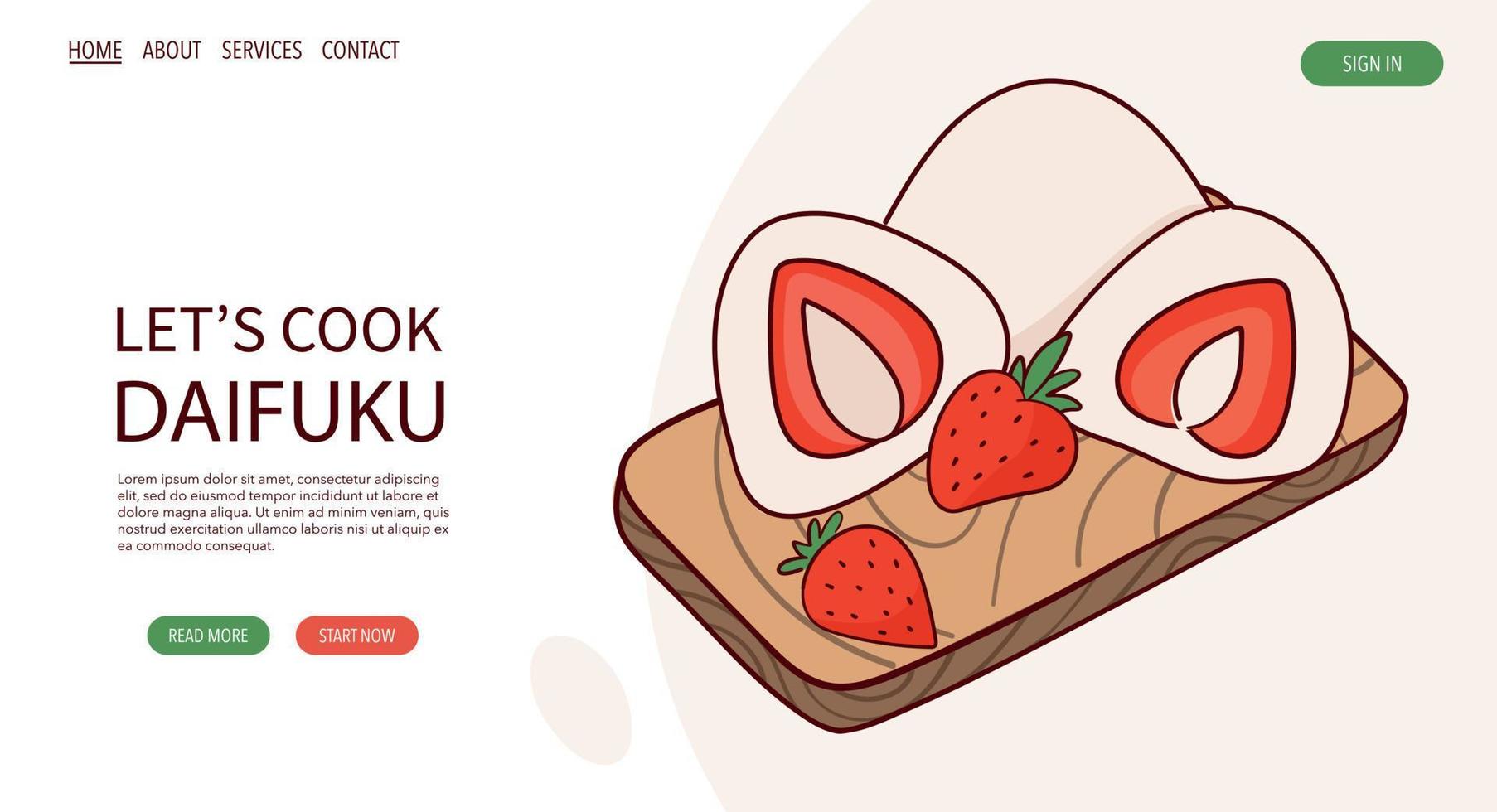 página web dibujar japón tradición dulce mochi daifuku ilustración vectorial. comida tradicional asiática japonesa, cocina, concepto de menú. banner, sitio web, publicidad en estilo de dibujos animados de garabatos. vector