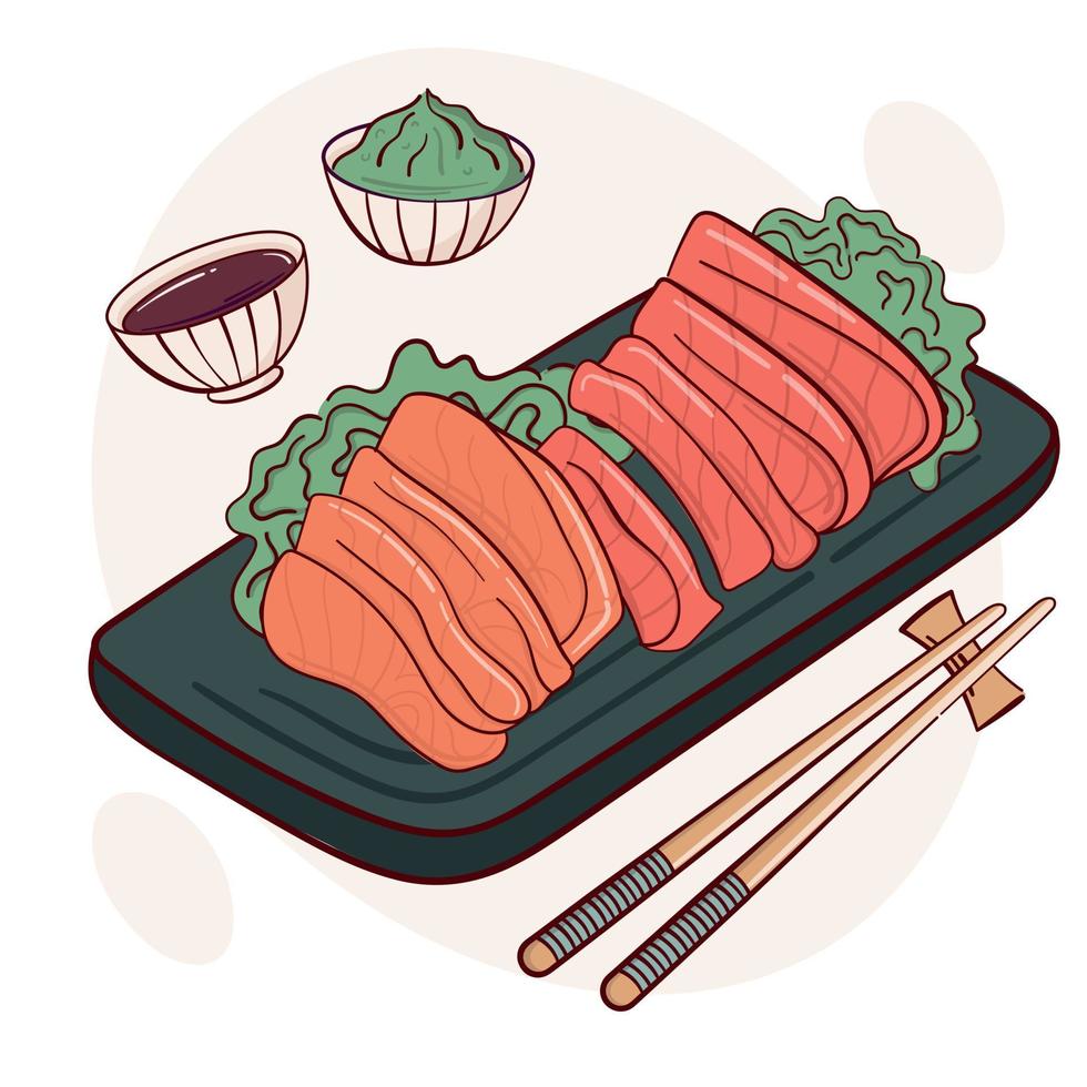 dibujar sashimi ilustración vectorial de pescado crudo. comida tradicional asiática japonesa, cocina, concepto de menú. estilo de dibujos animados de fideos. vector
