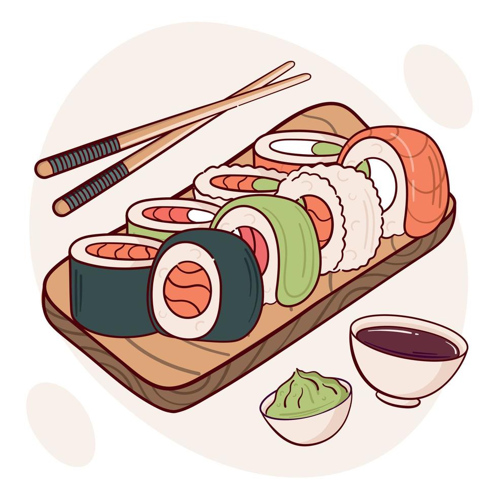 dibujar la ilustración de vector de rollo de sushi. comida tradicional  asiática japonesa, cocina, concepto de menú. estilo de dibujos animados de  fideos. 16213256 Vector en Vecteezy