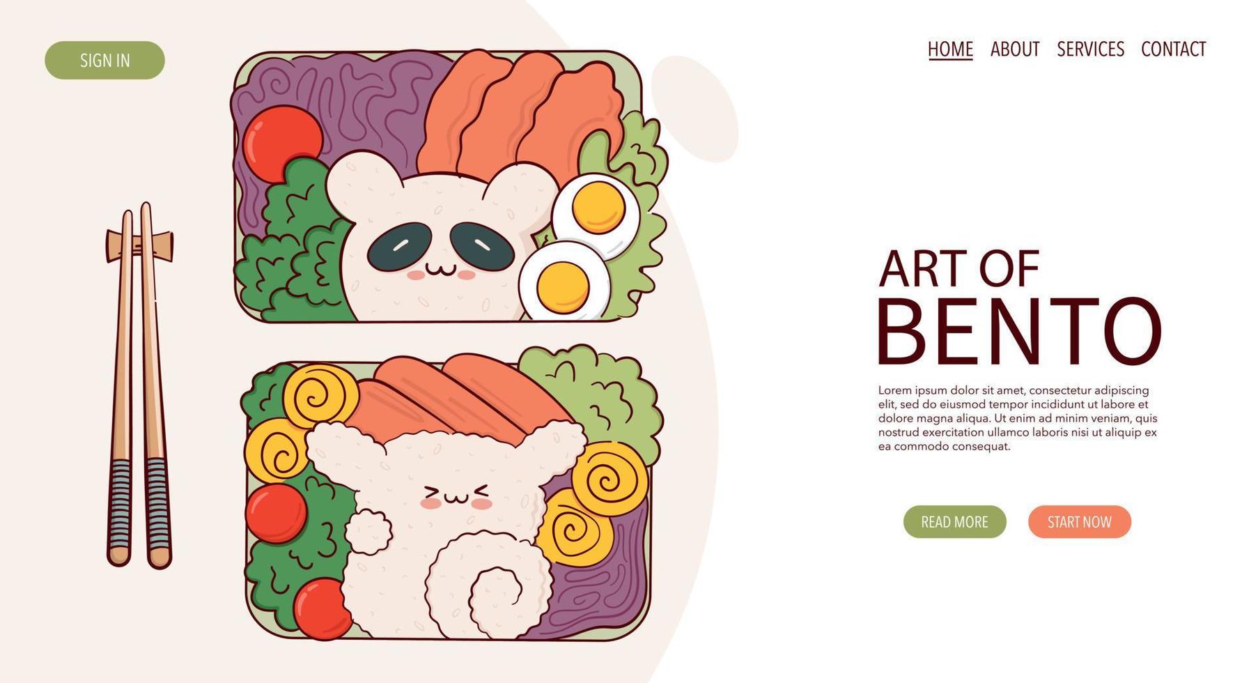 página web dibujar divertido kawaii bento box cocina casera preparación de comida para llevar ilustración vectorial. comida tradicional asiática japonesa, cocina, concepto de menú. banner, sitio web, publicidad en estilo de dibujos animados de garabatos. vector