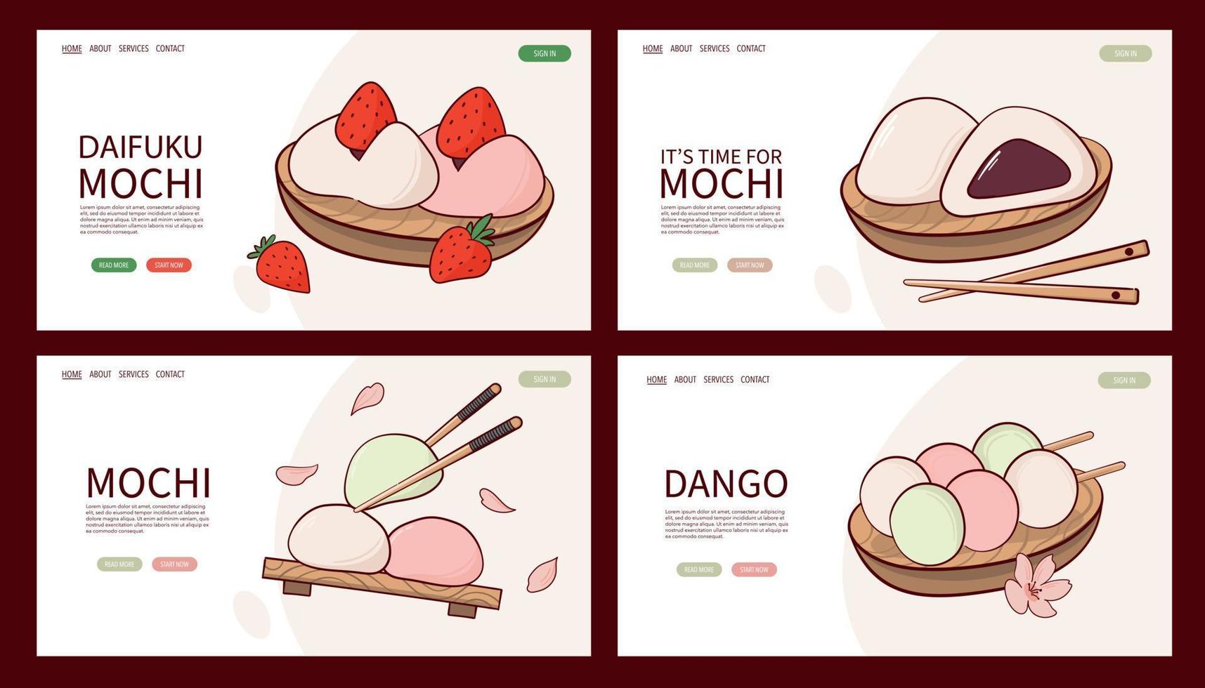 Web Page Japan tradition sweets mochi daifuku dango vector illustration. Japanese asian traditional  food, cooking, menu concept. Banner, website, advertising in doodle cartoon style.