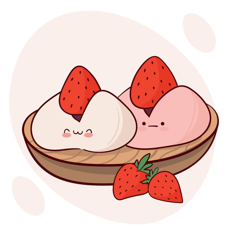 Draw cute kawaii Japan tradition sweet mochi daifuku vector illustration. Japanese asian traditional  food, cooking, menu concept. Doodle cartoon style.