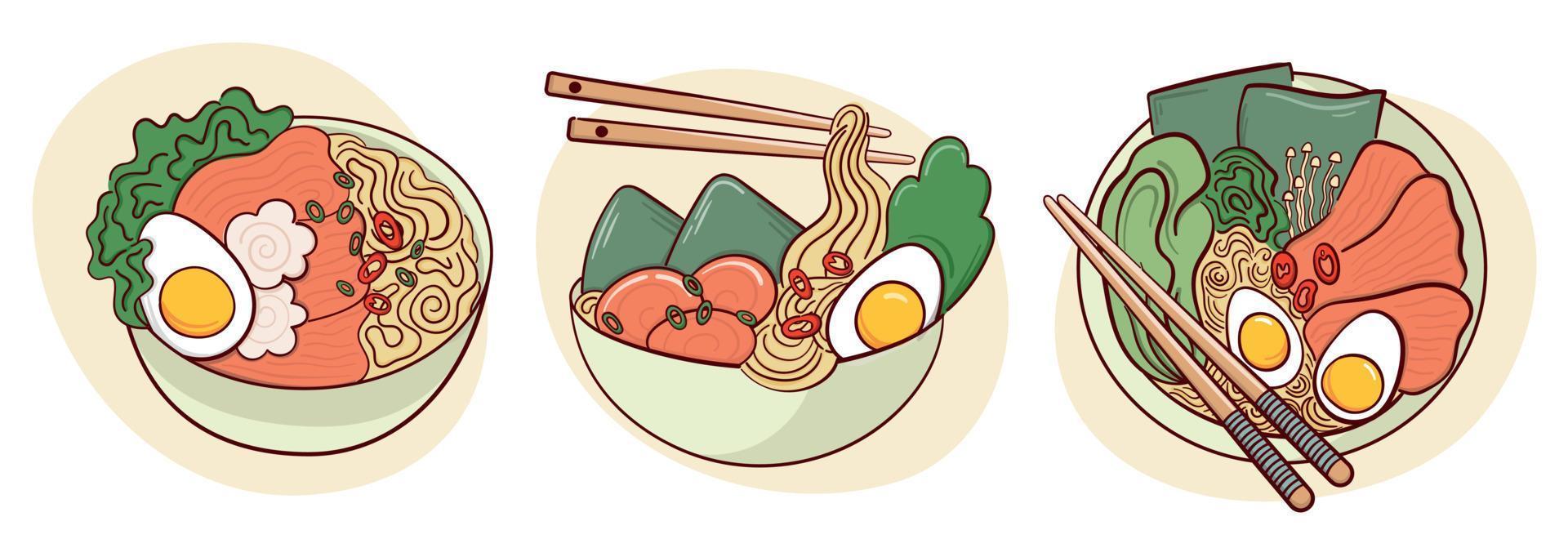 Draw ramen soup in a bowl vector illustration. Japanese asian traditional  food, cooking, menu concept.  Doodle cartoon style.