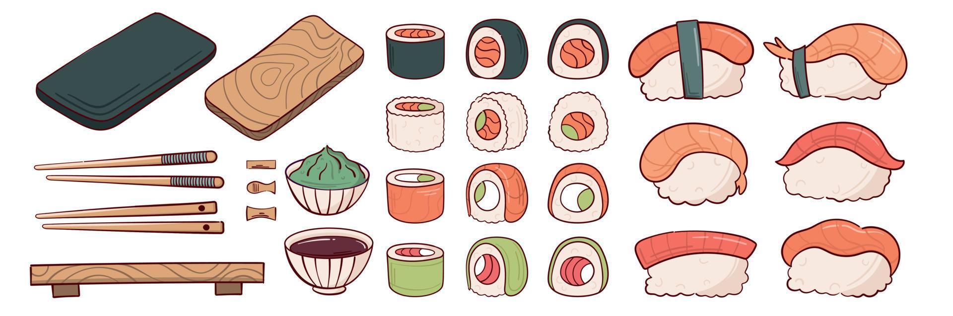 dibujar un gran conjunto de paquetes de nigiri de rollo de sushi con ilustración de vector de palillos. comida tradicional asiática japonesa, cocina, concepto de menú. estilo de dibujos animados de fideos.