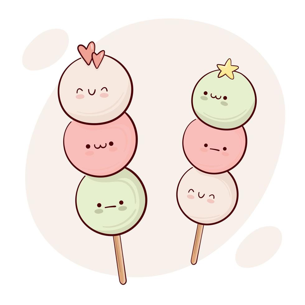 Dibuja la divertida tradición japonesa kawaii dulce sanshoku dango ilustración vectorial de tres colores. comida tradicional asiática japonesa, cocina, concepto de menú. estilo de dibujos animados de fideos. vector