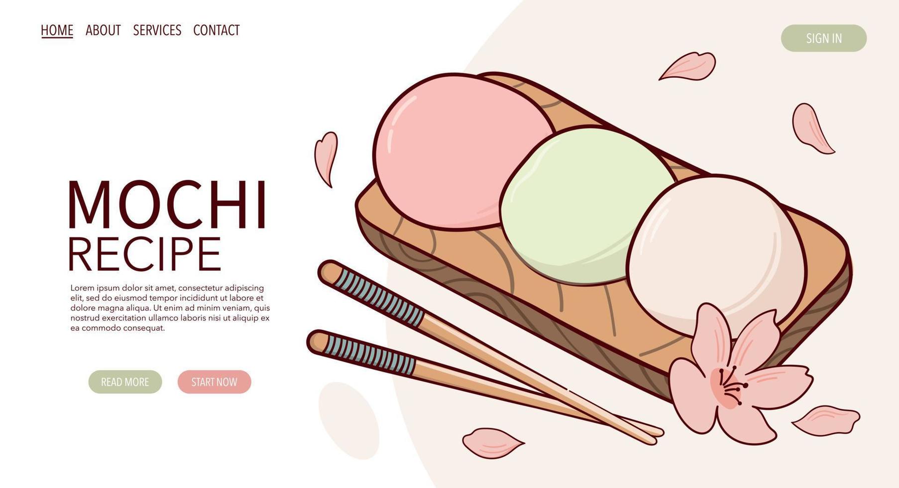 página web dibujar fjapan tradición dulce mochi vector ilustración. comida tradicional asiática japonesa, cocina, concepto de menú. banner, sitio web, publicidad en estilo de dibujos animados de garabatos.