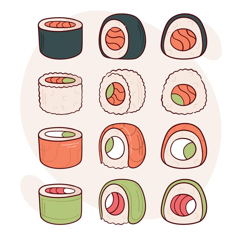 Draw  sushi roll vector illustration. Japanese asian traditional  food, cooking, menu concept.  Doodle cartoon style.