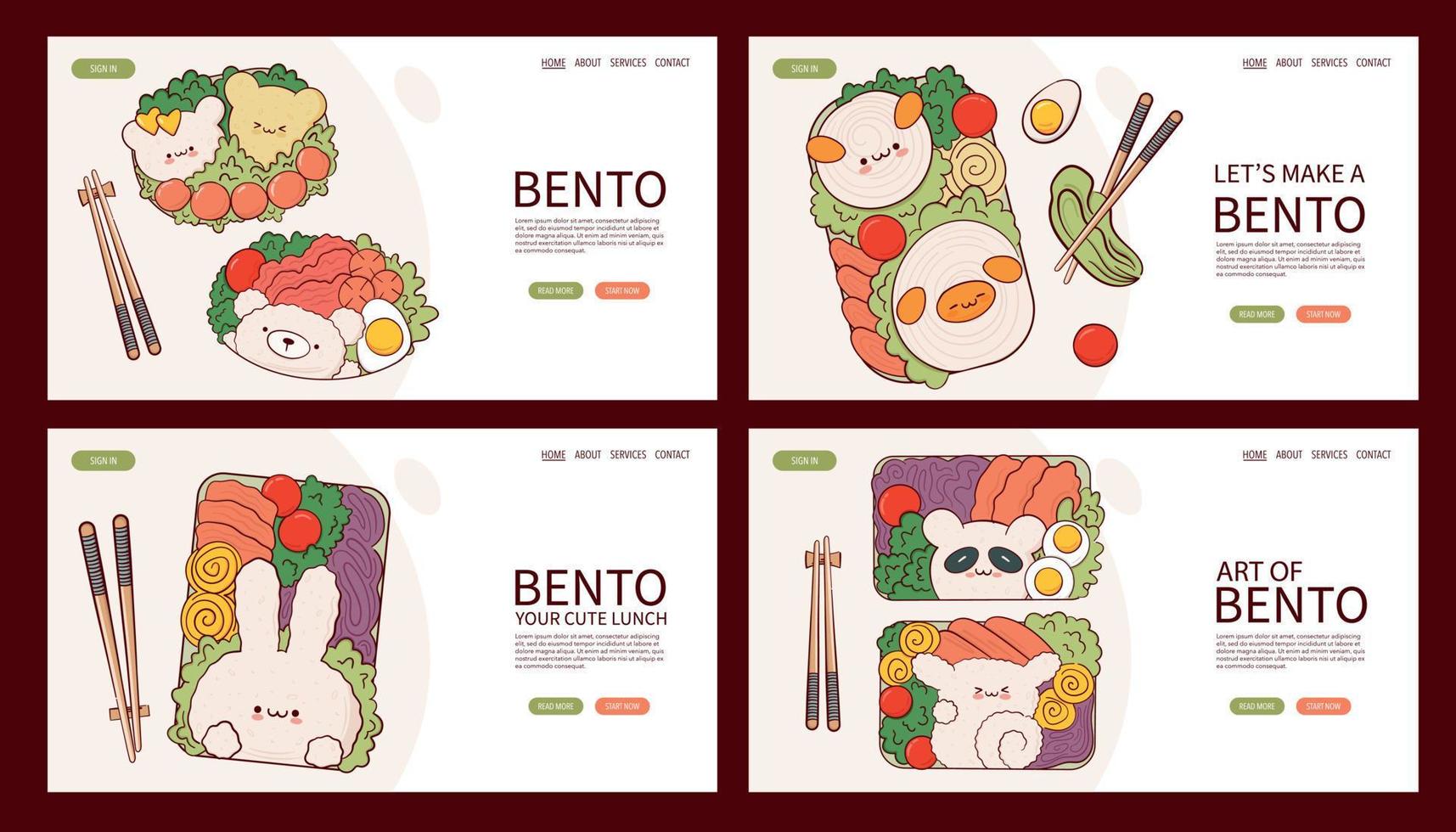 página web dibujar divertido kawaii bento box cocina casera preparación de comida para llevar ilustración vectorial. comida tradicional asiática japonesa, cocina, concepto de menú. banner, sitio web, publicidad en estilo de dibujos animados de garabatos. vector