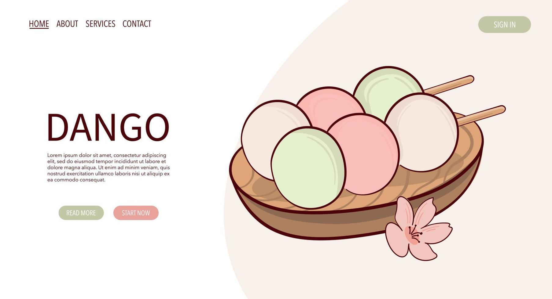 Web Page Draw Japan tradition sweet sanshoku dango three coloured vector illustration. Japanese asian traditional food, cooking, menu concept.  Banner, website, advertising in doodle cartoon style..