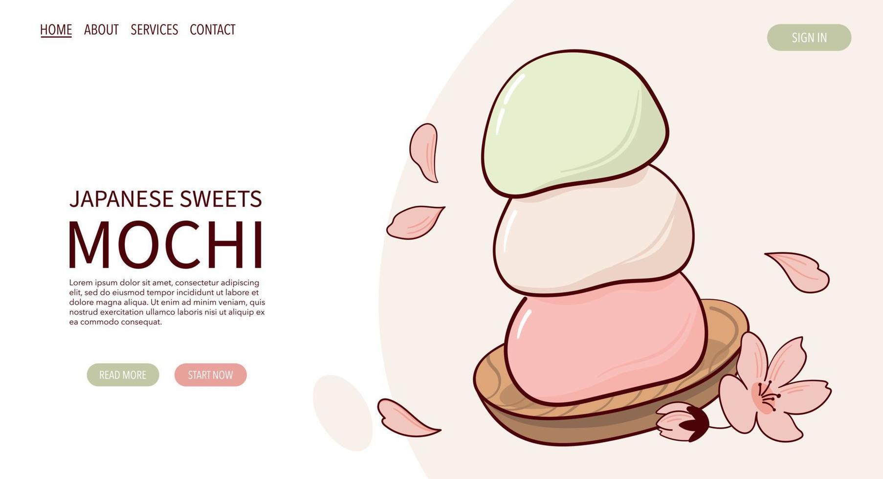 Web Page Draw fJapan tradition sweet mochi vector illustration. Japanese asian traditional  food, cooking, menu concept. Banner, website, advertising in doodle cartoon style.