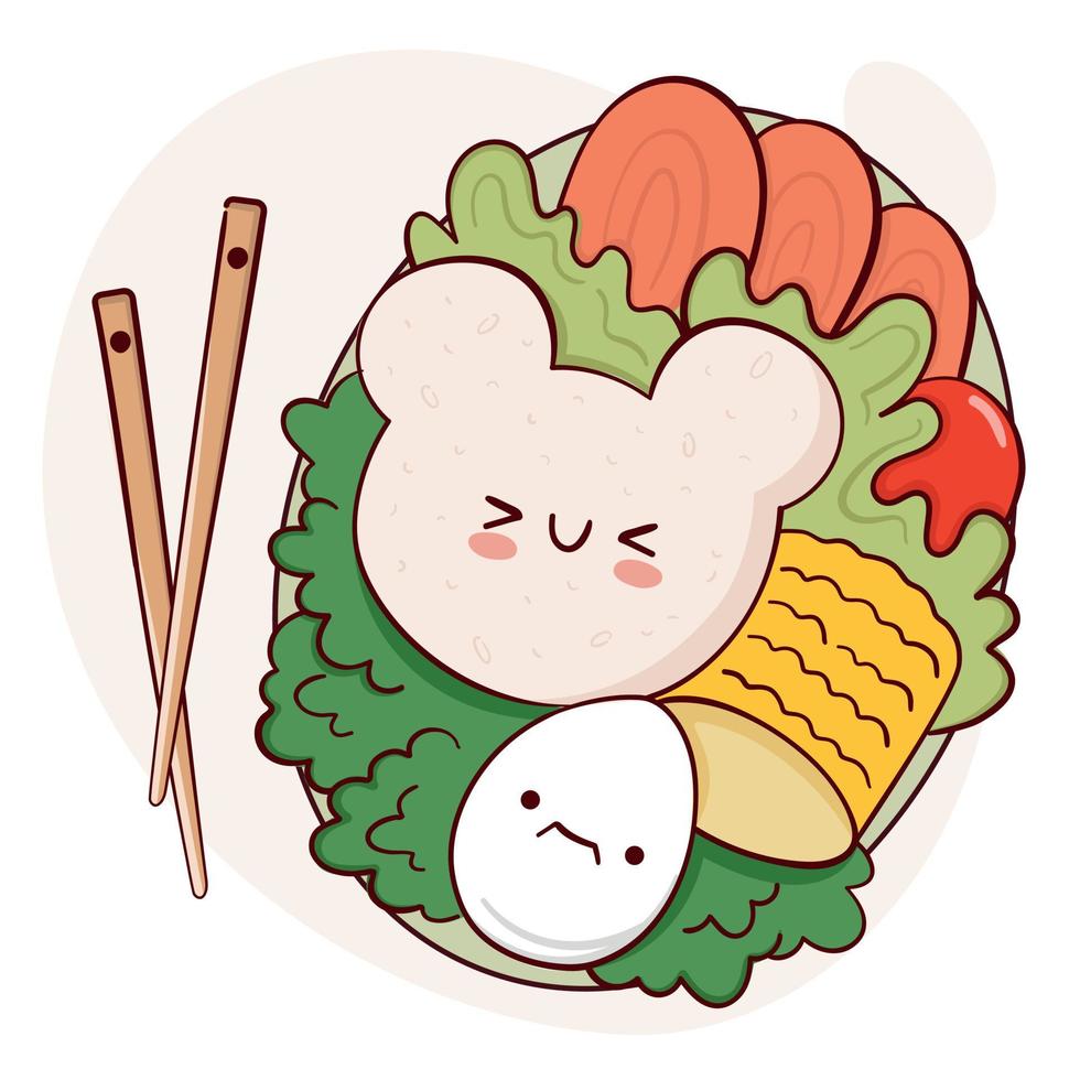 Dibuja una divertida caja bento kawaii para cocinar en casa, preparar comida para llevar, ilustración vectorial. comida tradicional asiática japonesa, cocina, concepto de menú. garabato, caricatura, estilo vector