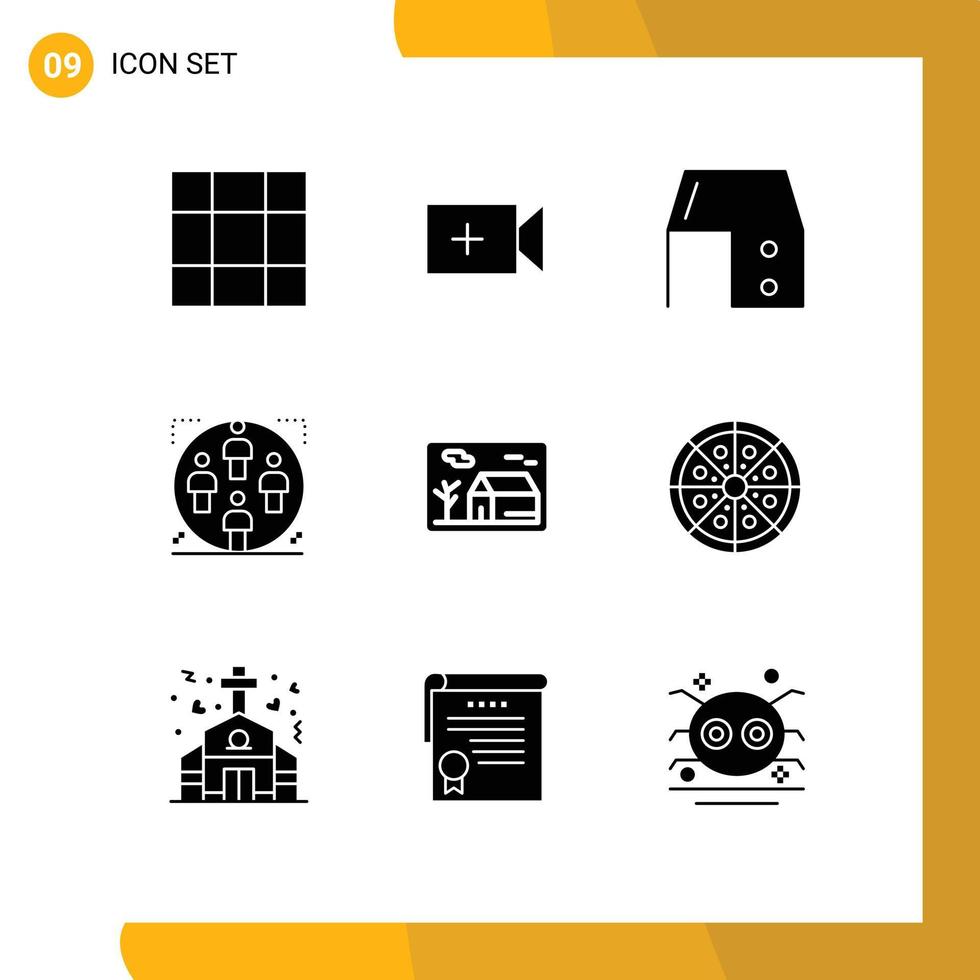 Pack of 9 Modern Solid Glyphs Signs and Symbols for Web Print Media such as property estate office desk family group Editable Vector Design Elements