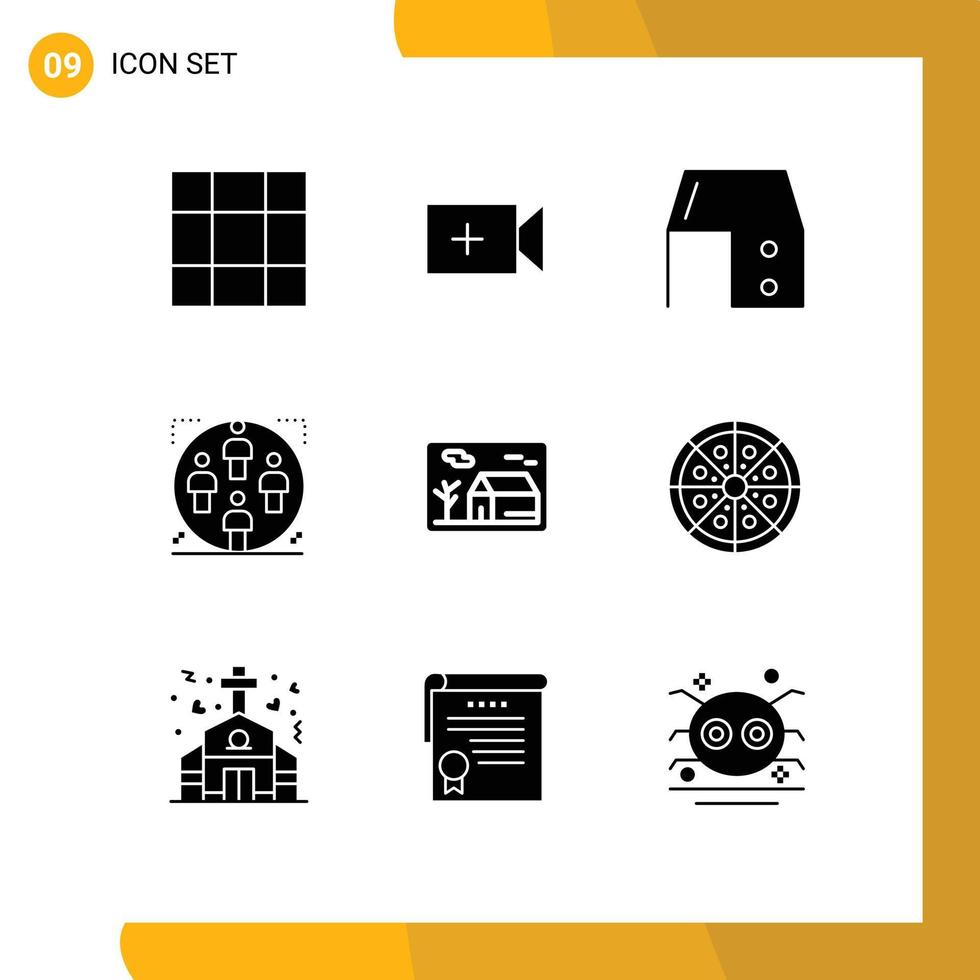 paquete de 9 signos y símbolos de glifos sólidos modernos para medios de impresión web, como elementos de diseño de vectores editables de grupo familiar de escritorio de oficina de bienes inmuebles