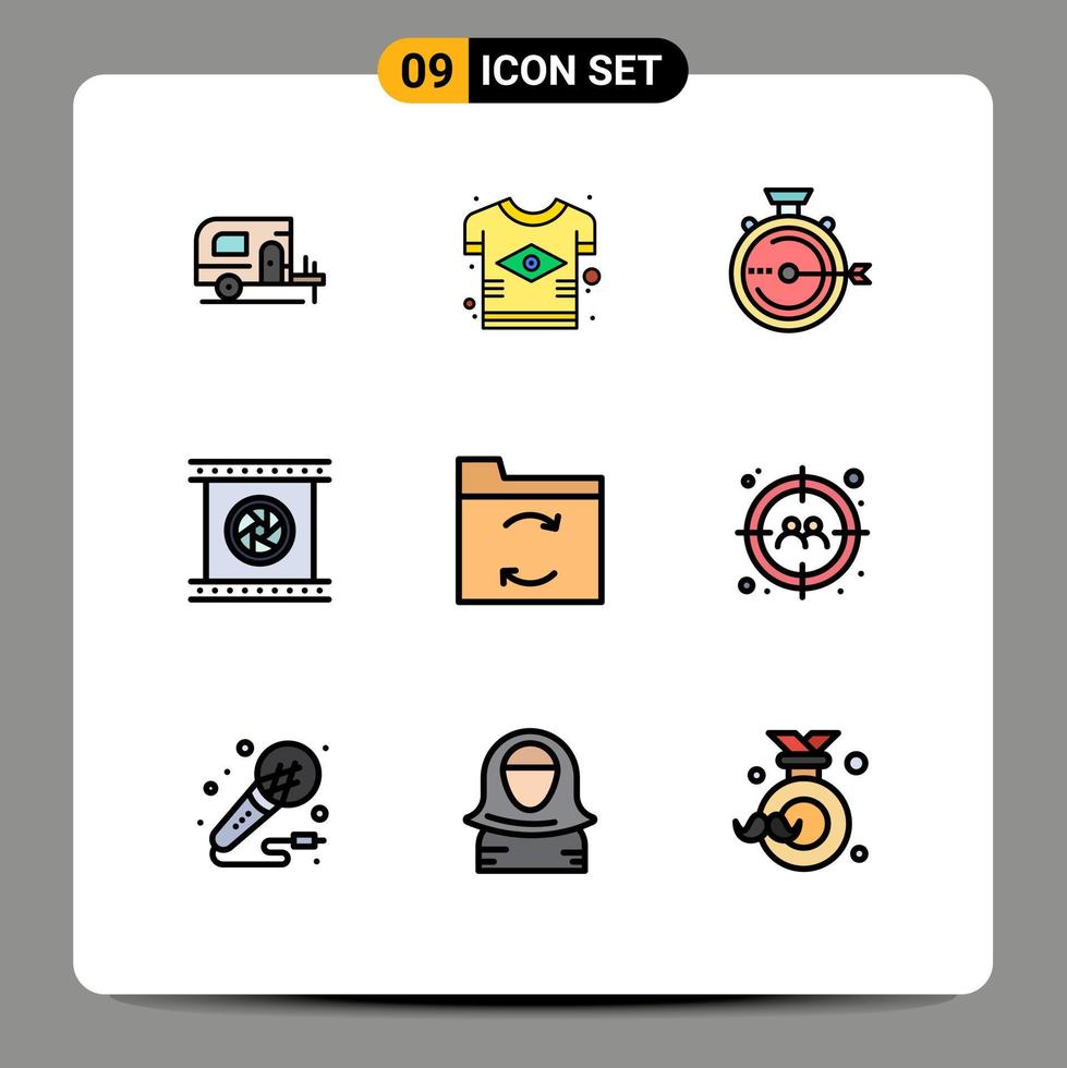 Universal Icon Symbols Group of 9 Modern Filledline Flat Colors of special photographic lenses launch optical lens stopwatch Editable Vector Design Elements