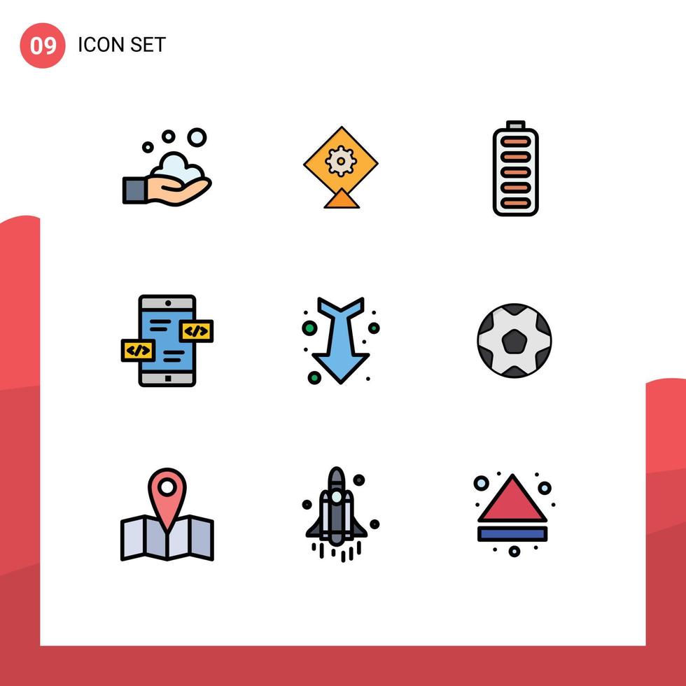 Pack of 9 Modern Filledline Flat Colors Signs and Symbols for Web Print Media such as straight down charging arrow div Editable Vector Design Elements