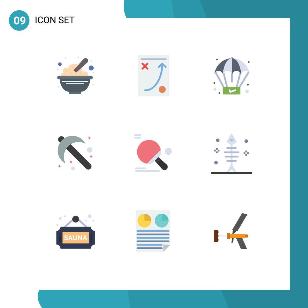 Pack of 9 creative Flat Colors of racket spade strategy gardening product Editable Vector Design Elements