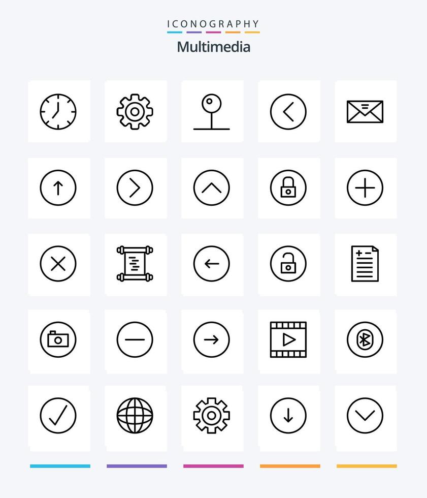 Creative Multimedia 25 OutLine icon pack  Such As envelope. multimedia. pin. media player. back vector
