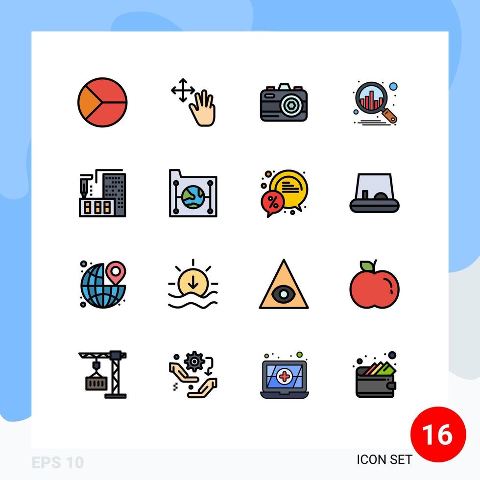 16 Universal Flat Color Filled Lines Set for Web and Mobile Applications fabrication architecture hold analysis business Editable Creative Vector Design Elements