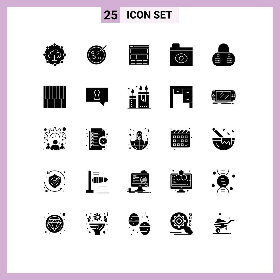 25 Universal Solid Glyphs Set for Web and Mobile Applications keyboard bag page folder big brother Editable Vector Design Elements
