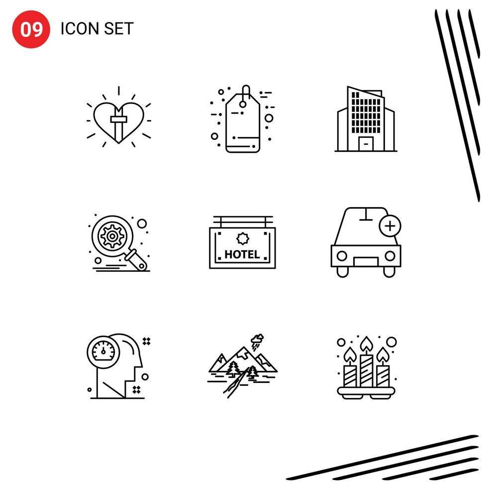 Modern Set of 9 Outlines and symbols such as board hotel sale tag search database Editable Vector Design Elements