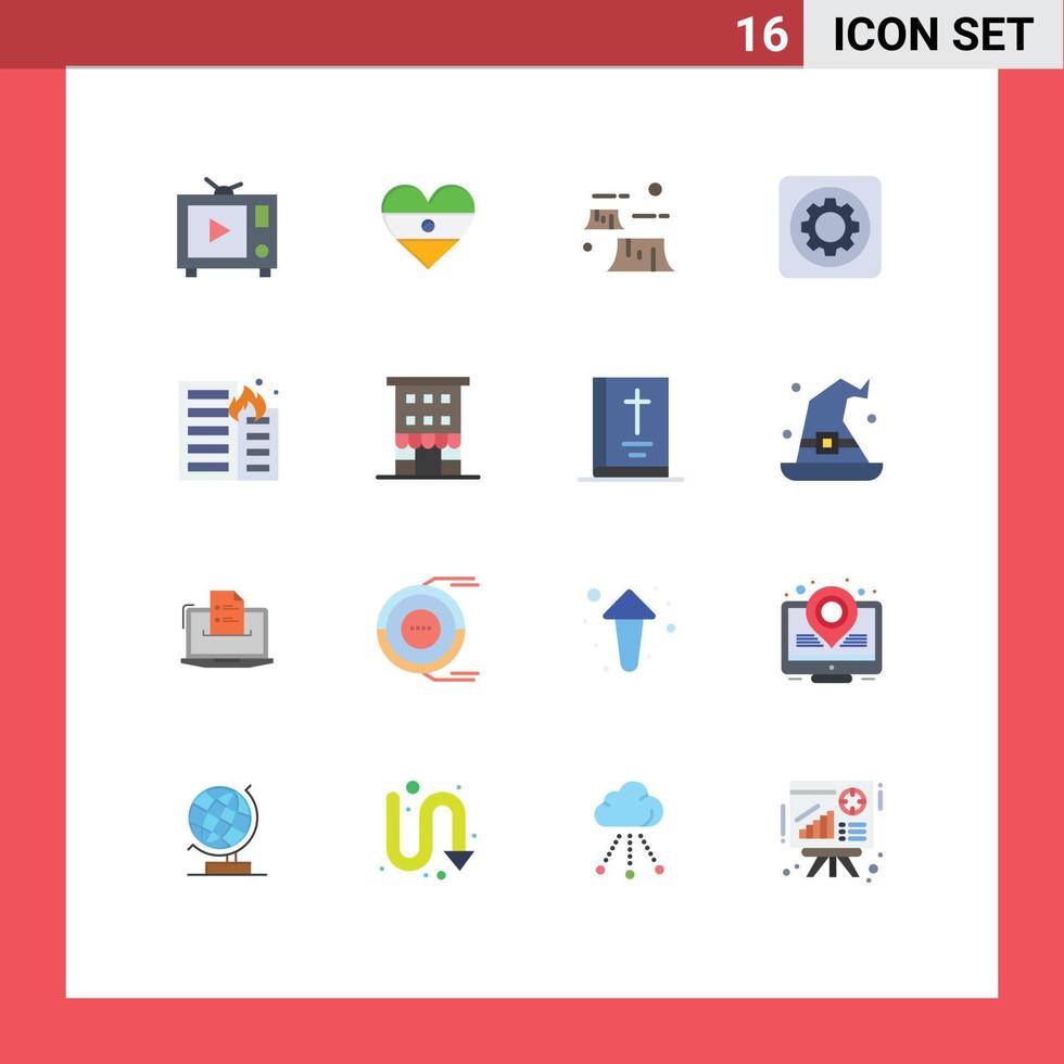 paquete de 16 signos y símbolos de colores planos modernos para medios de impresión web, como la opción de daño de ajuste de quemado, paquete editable de elementos creativos de diseño de vectores