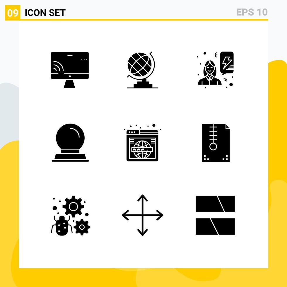Universal Icon Symbols Group of 9 Modern Solid Glyphs of wide search power page decoration Editable Vector Design Elements