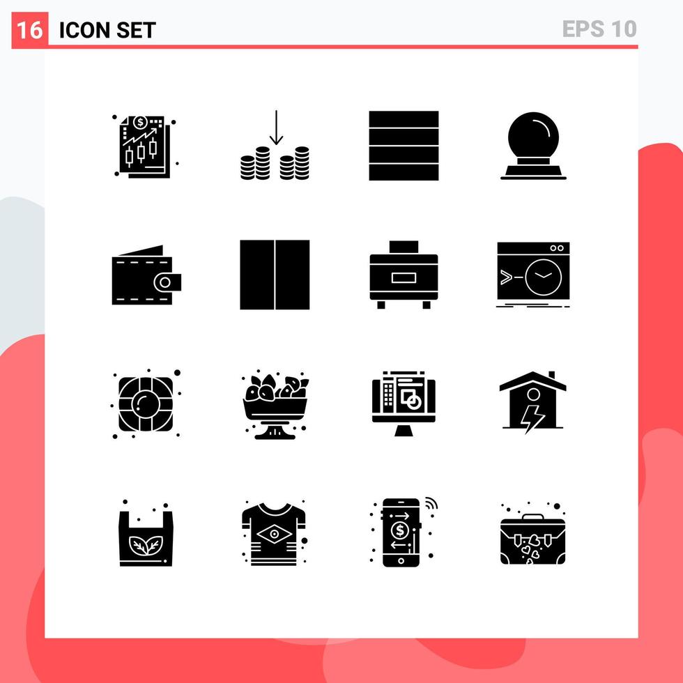 Mobile Interface Solid Glyph Set of 16 Pictograms of layout wallet wireframe purse beach Editable Vector Design Elements