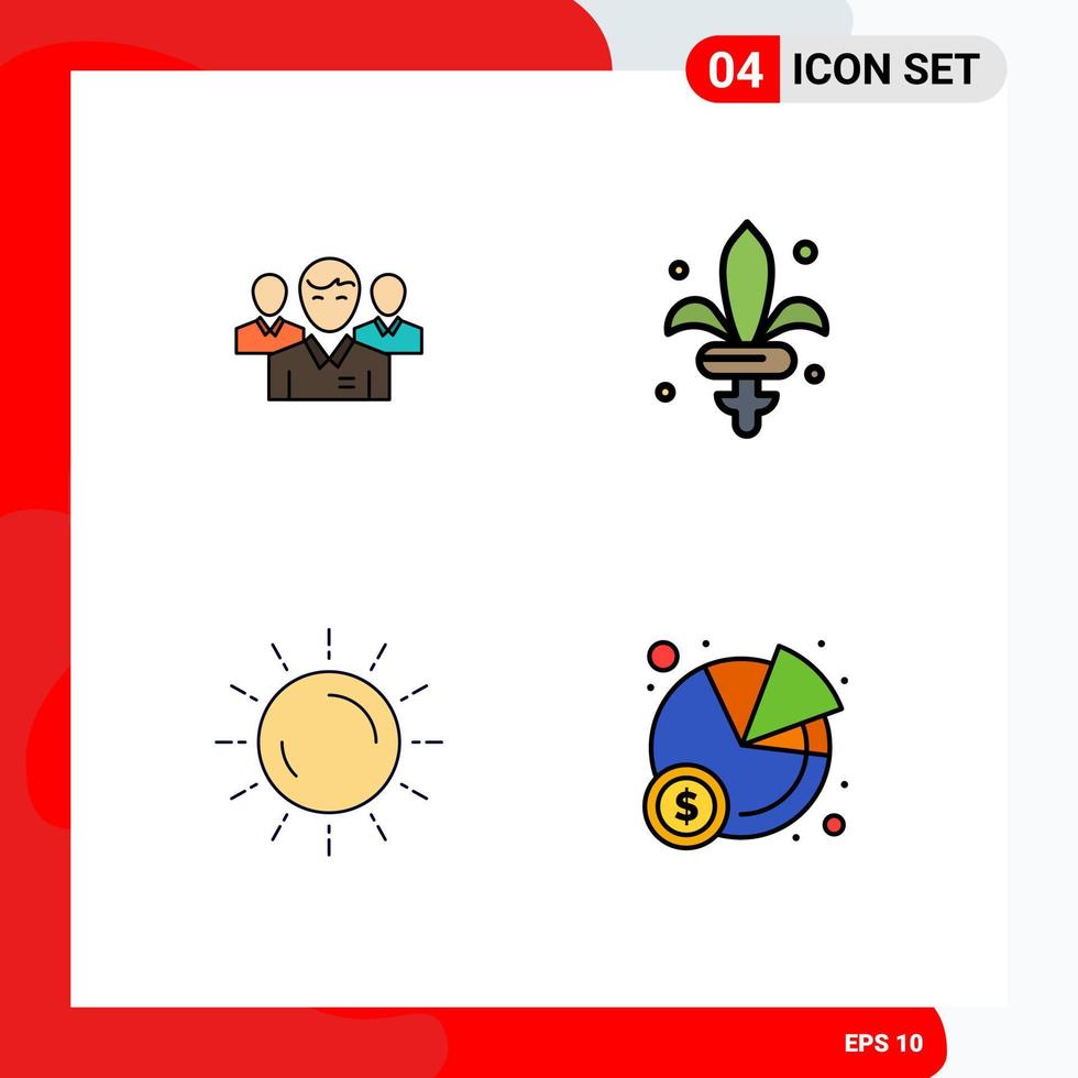 4 Universal Filledline Flat Color Signs Symbols of team weapon executive person sun Editable Vector Design Elements