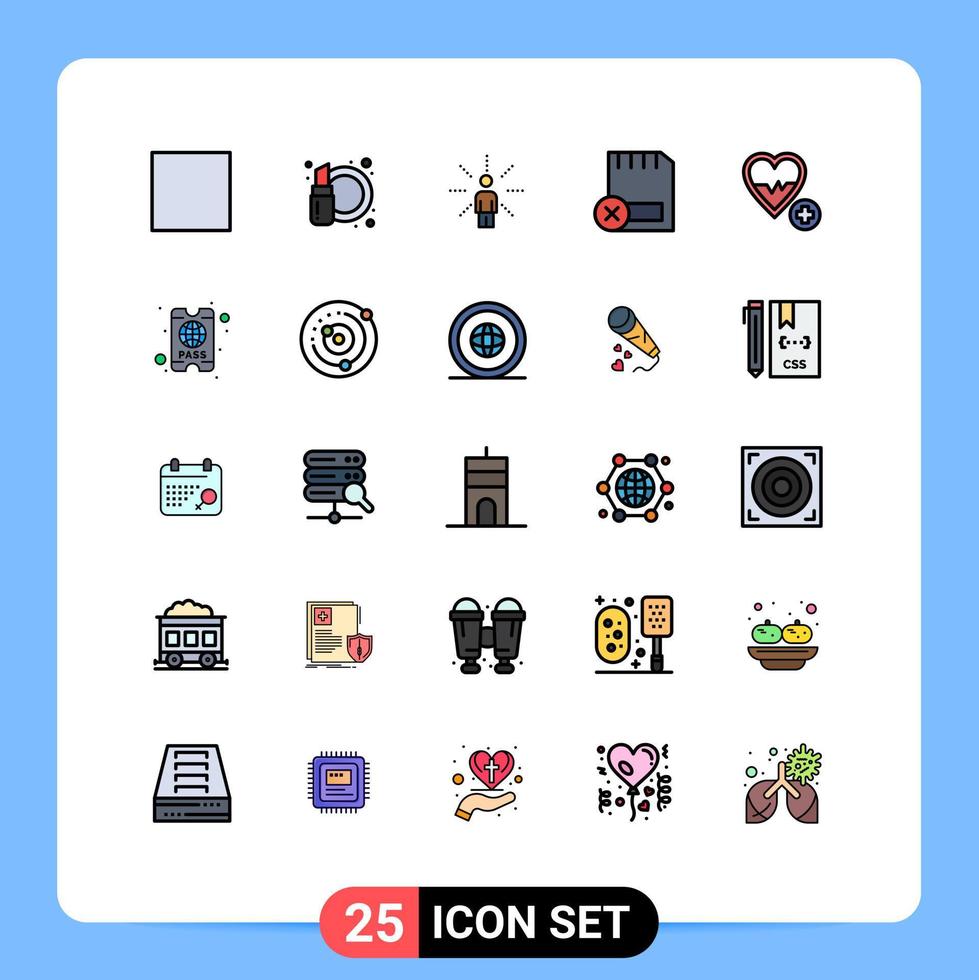 paquete de 25 modernos signos y símbolos de colores planos de línea rellena para medios de impresión web, como elementos de diseño de vectores editables de computadoras de hardware humano eliminadas por amor