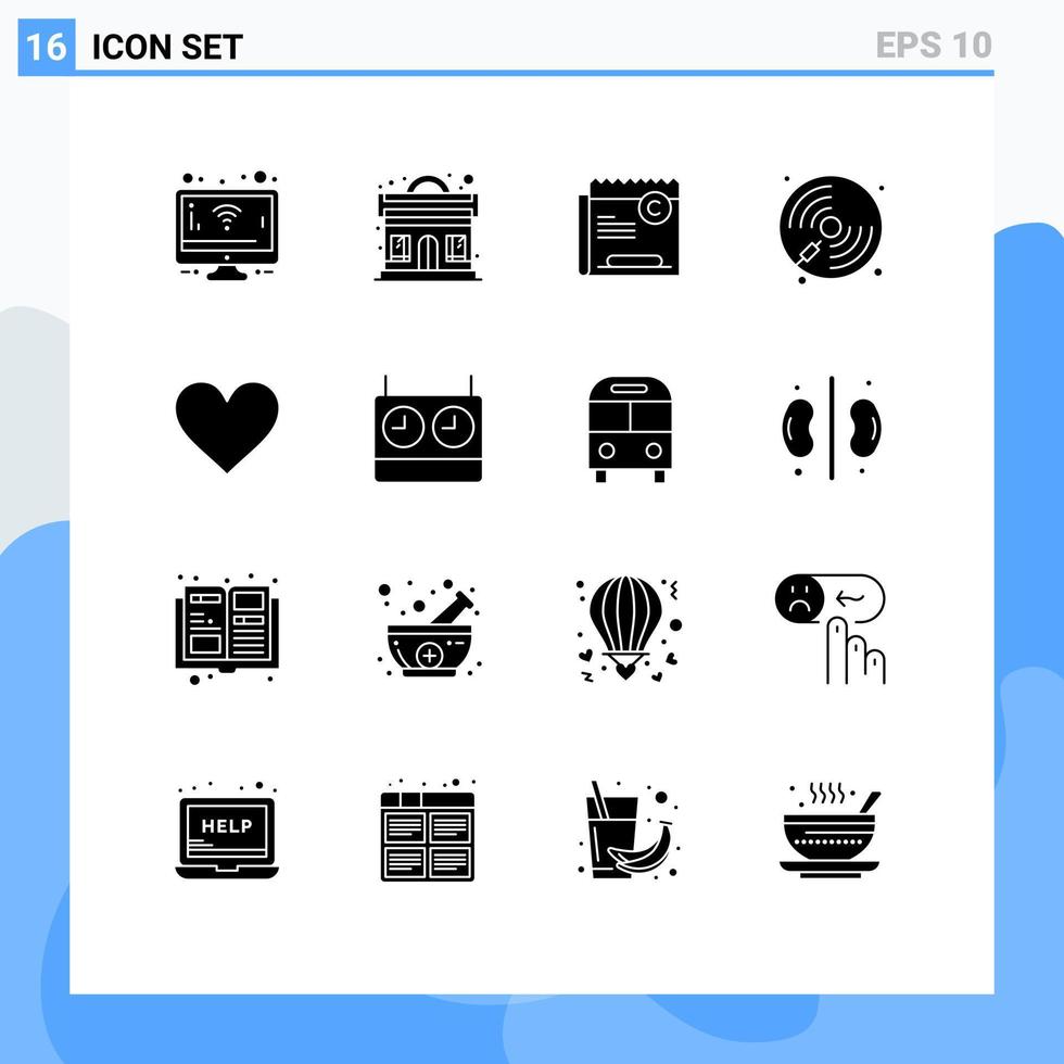 User Interface Pack of 16 Basic Solid Glyphs of love player copyright music disc Editable Vector Design Elements