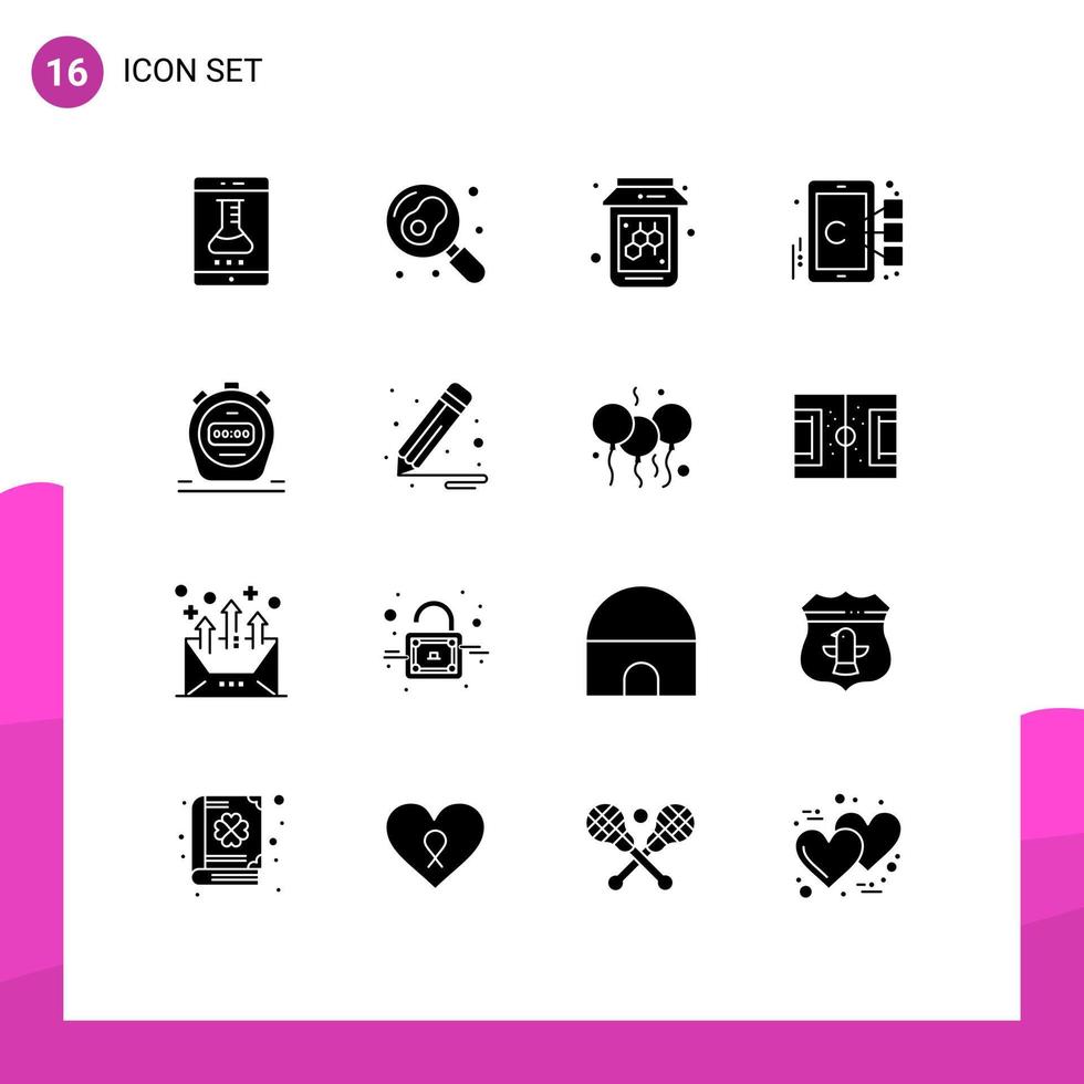 16 Thematic Vector Solid Glyphs and Editable Symbols of stopwatch target egg mobile cell Editable Vector Design Elements