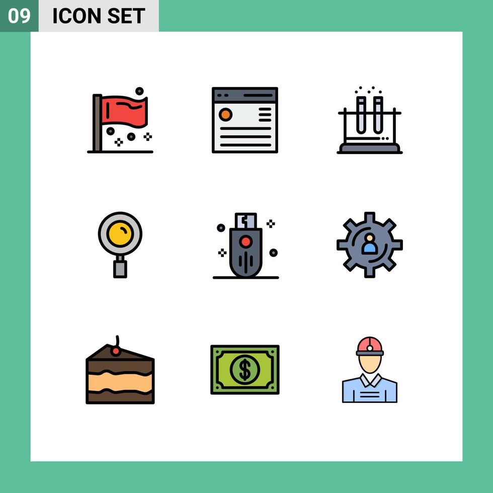 9 User Interface Filledline Flat Color Pack of modern Signs and Symbols of search magnifier menu find tube Editable Vector Design Elements