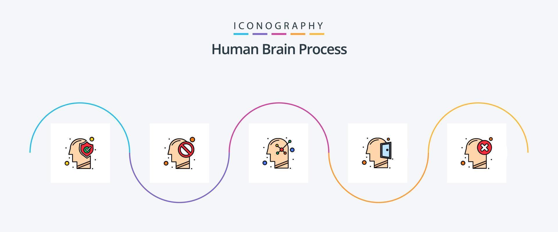 Human Brain Process Line Filled Flat 5 Icon Pack Including brain. open mind. forbidden. mind. human mind vector