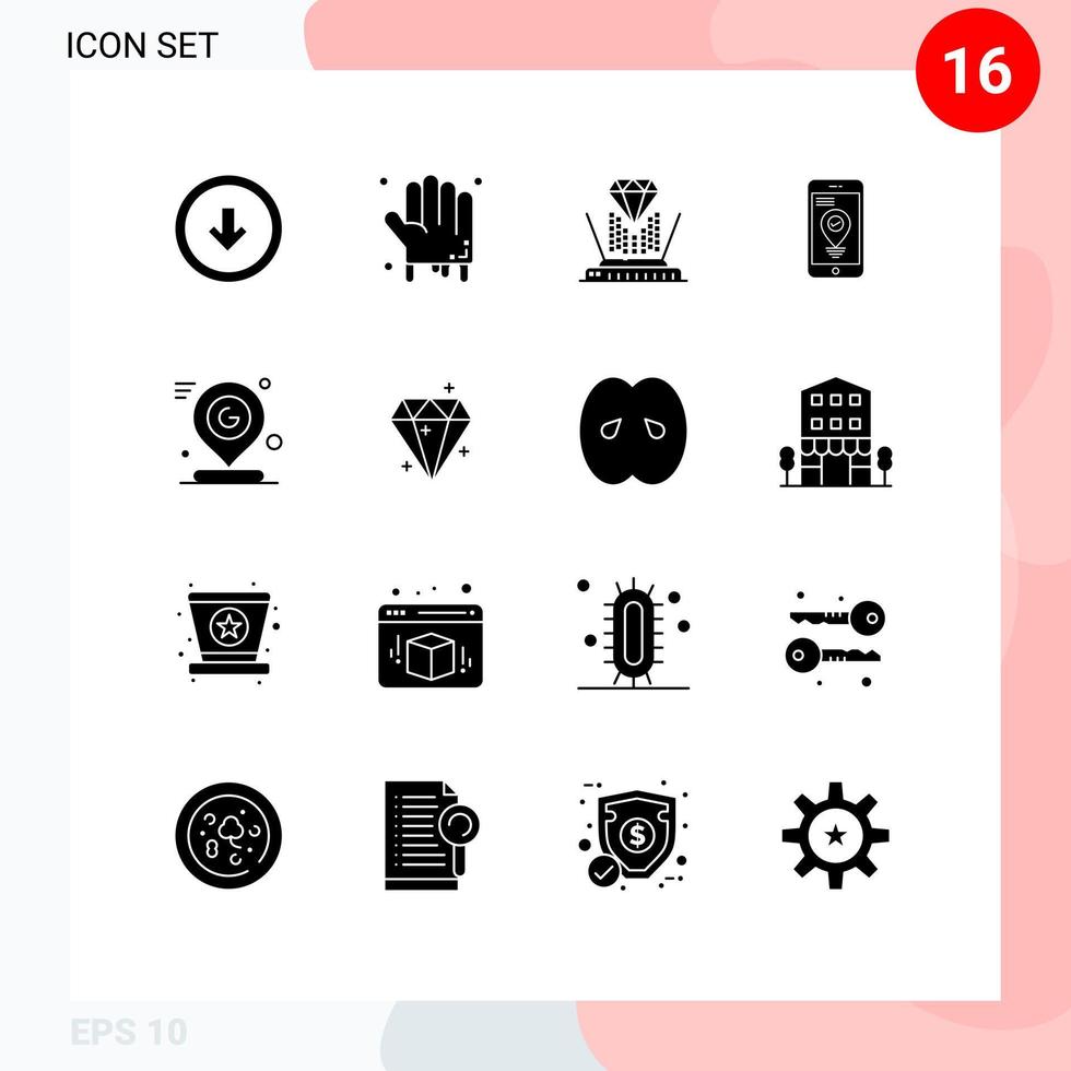 16 User Interface Solid Glyph Pack of modern Signs and Symbols of google pointer scary location diamond Editable Vector Design Elements