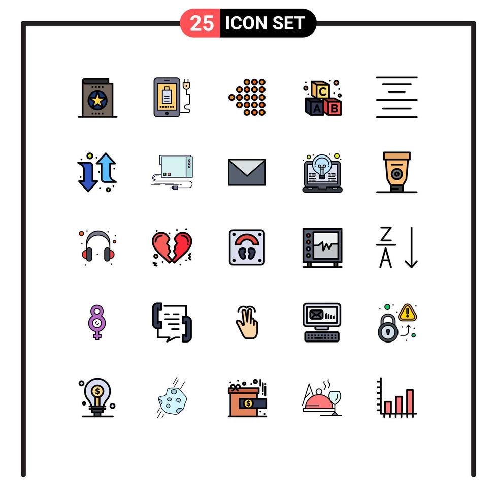 Group of 25 Modern Filled line Flat Colors Set for center school plug learning alphabet Editable Vector Design Elements