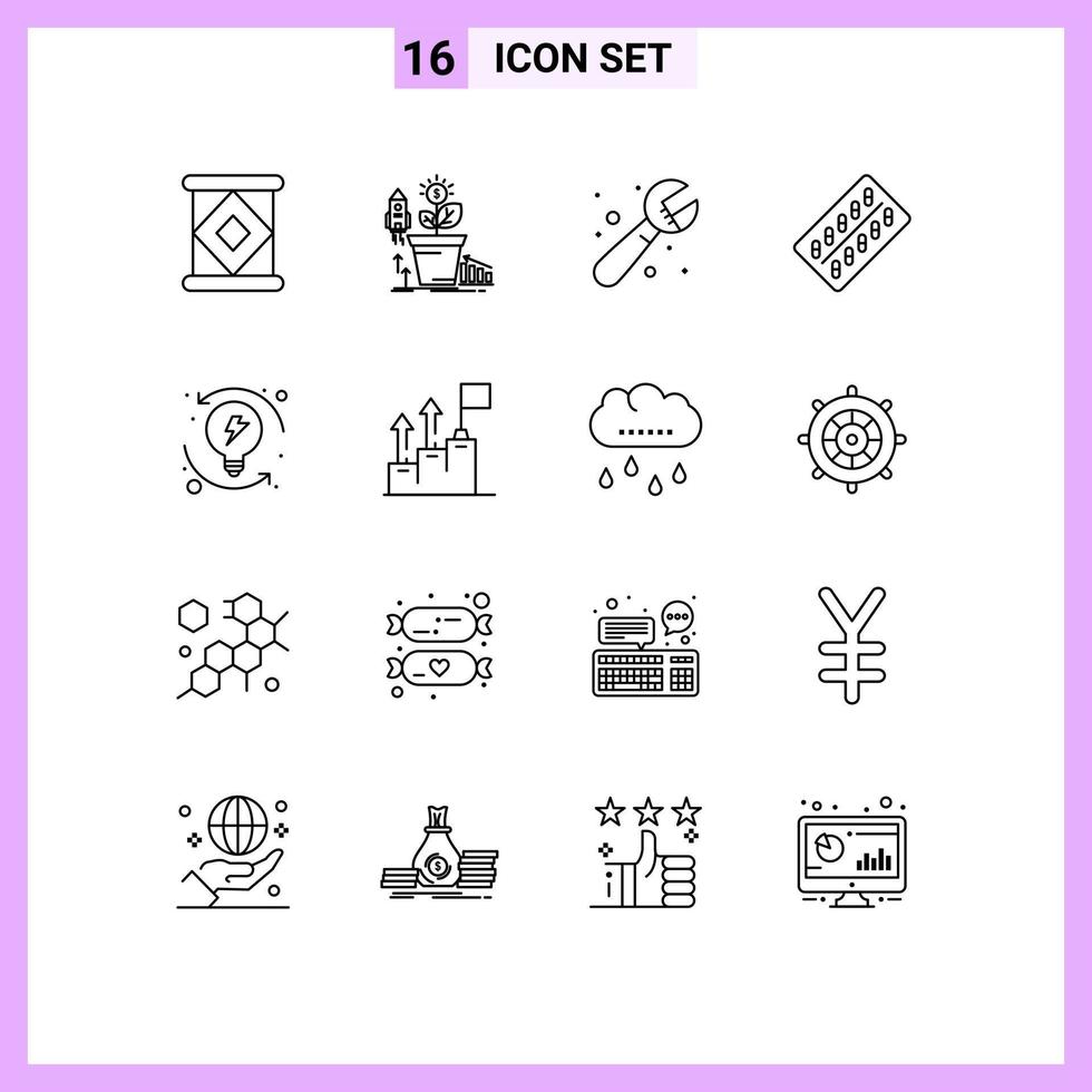 Pack of 16 Modern Outlines Signs and Symbols for Web Print Media such as development tablet mechanical drugs medicine Editable Vector Design Elements