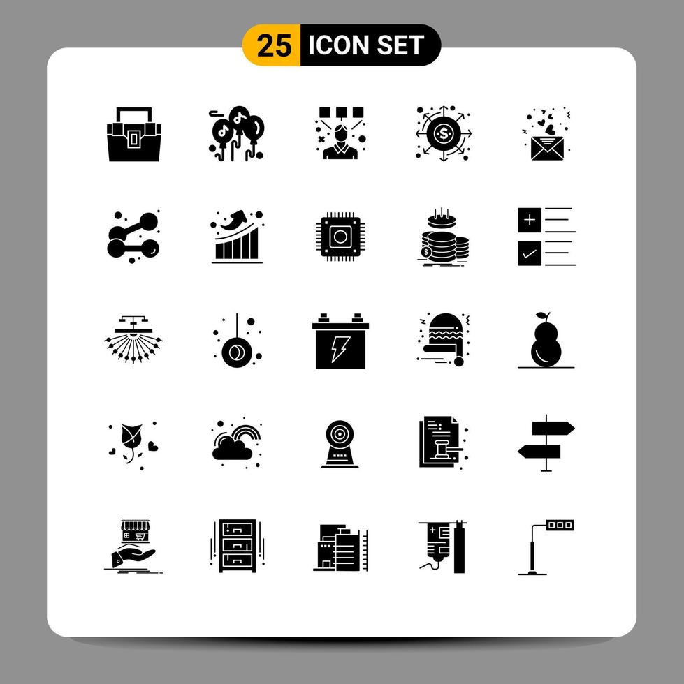 Pictogram Set of 25 Simple Solid Glyphs of day money designing finance distribution Editable Vector Design Elements