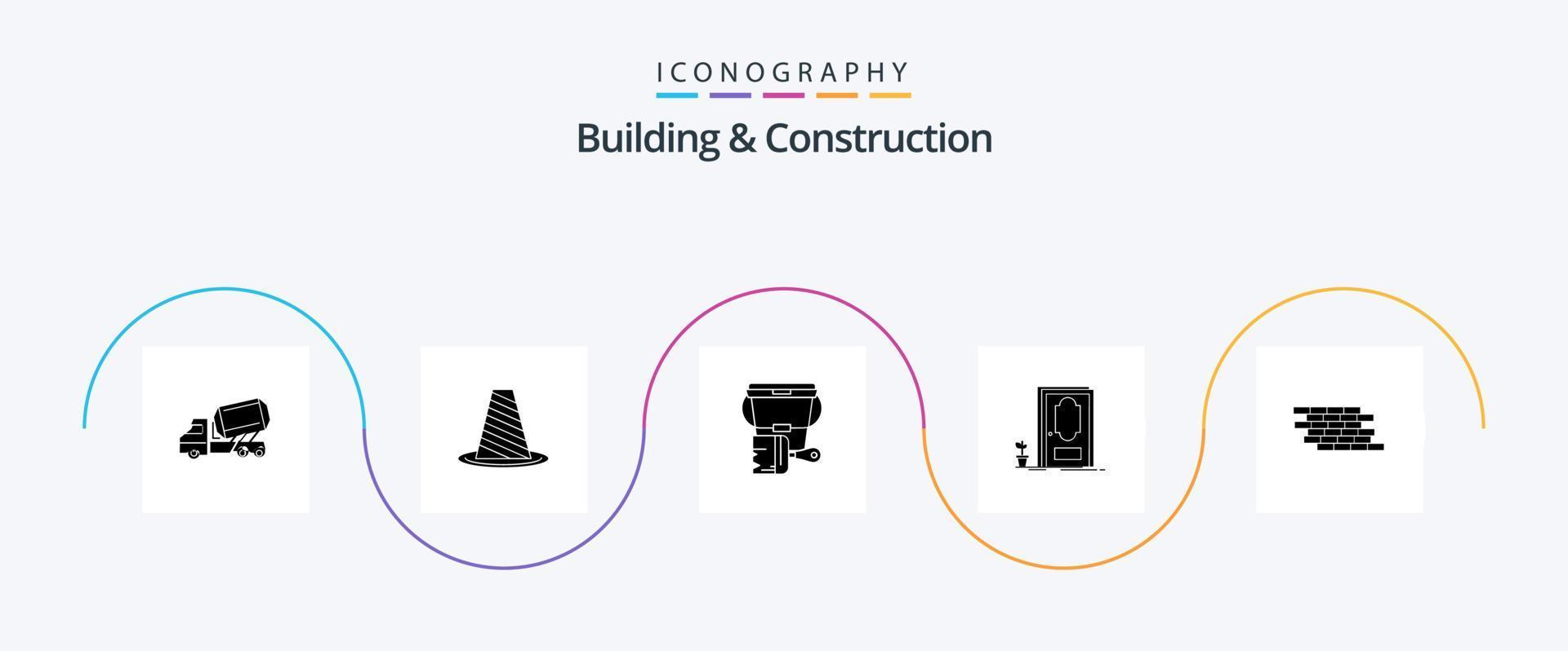 paquete de iconos de glifo 5 de construcción y construcción que incluye madera. puerta. barricada. cepillo. Cubeta vector