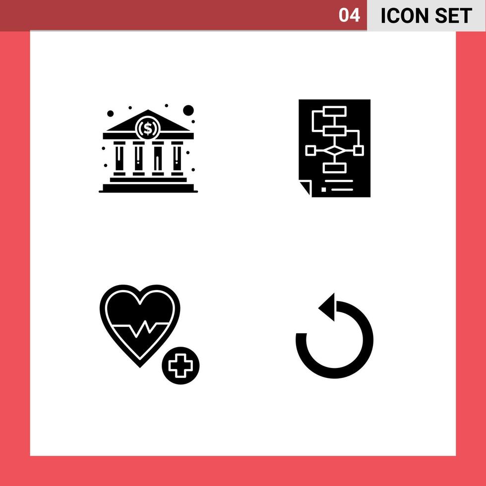 Mobile Interface Solid Glyph Set of 4 Pictograms of bank home medical government document heart Editable Vector Design Elements