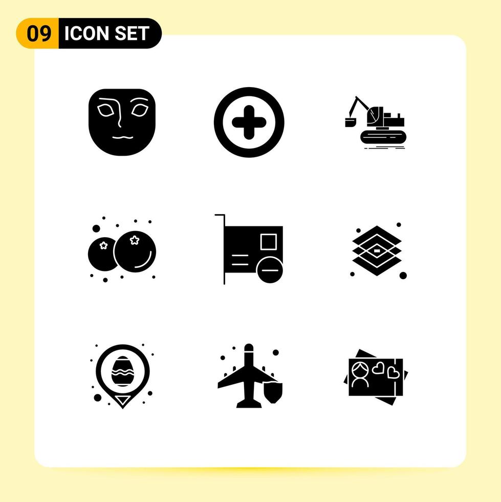 Pack of 9 Modern Solid Glyphs Signs and Symbols for Web Print Media such as hardware computers lift card fruit Editable Vector Design Elements