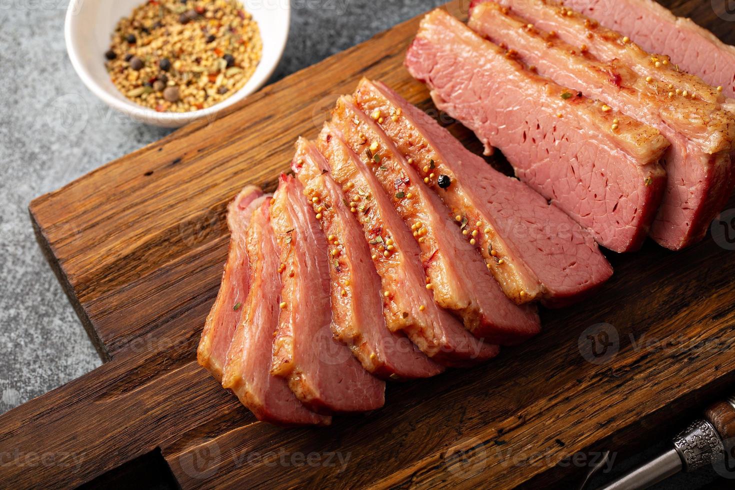 Homemade corned beef sliced photo