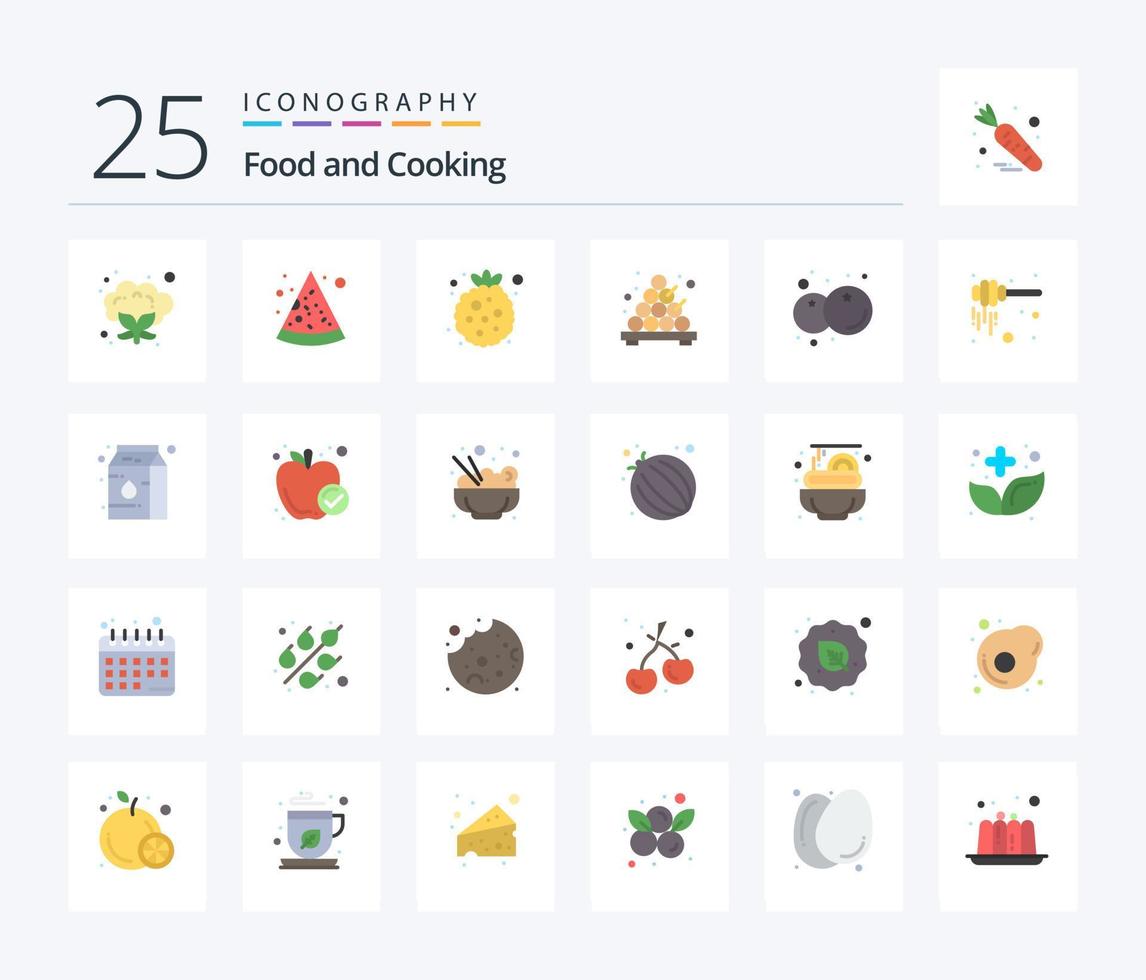paquete de iconos de color plano de 25 alimentos que incluye cucharón. Fruta. sano. comida. takoyaki vector