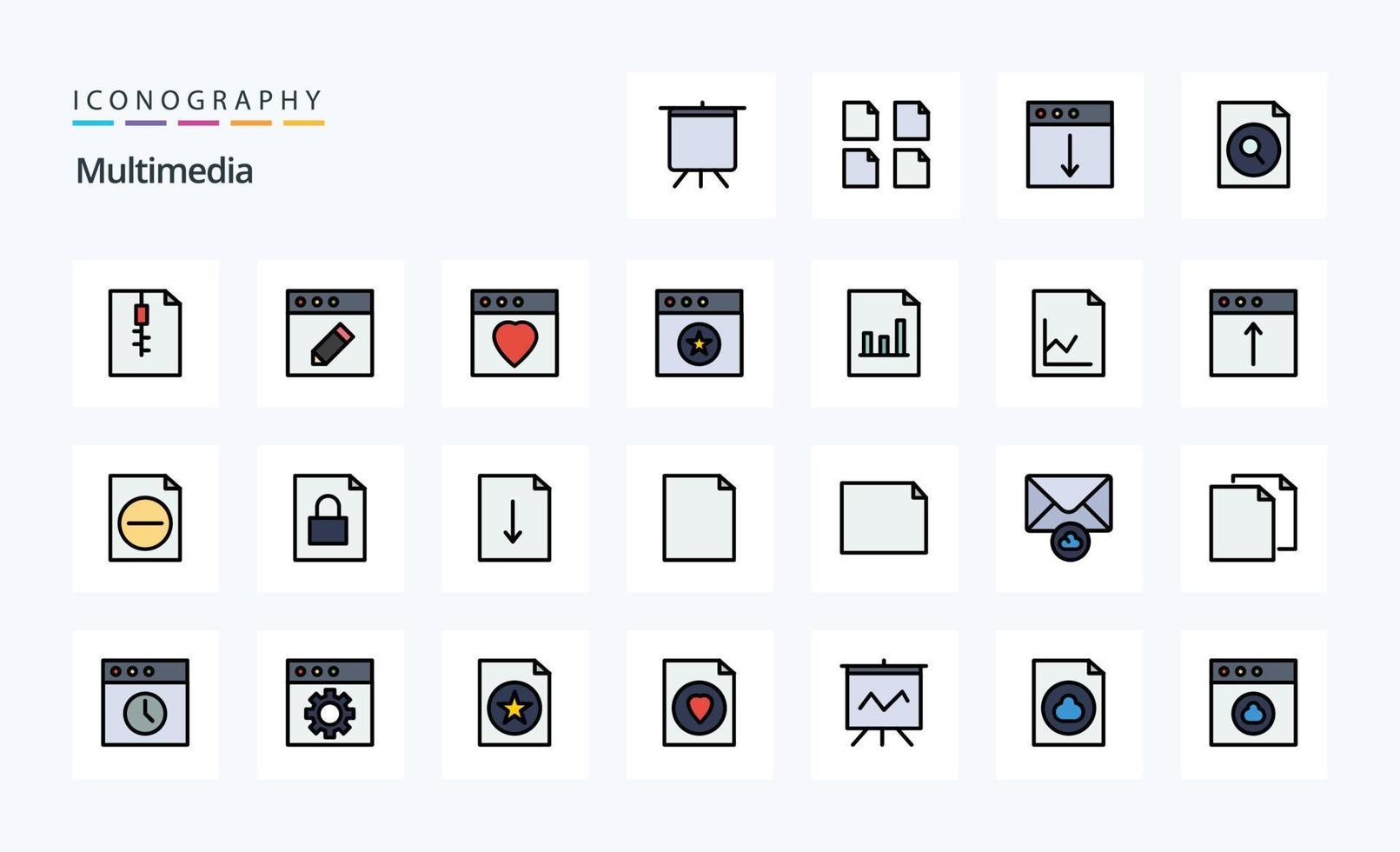 paquete de iconos de estilo lleno de 25 líneas multimedia vector