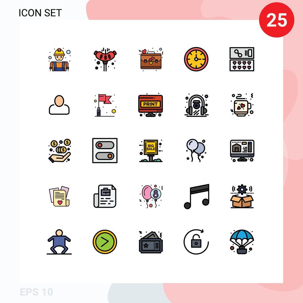 Universal Icon Symbols Group of 25 Modern Filled line Flat Colors of cosmetic time bag stopwatch alarm Editable Vector Design Elements